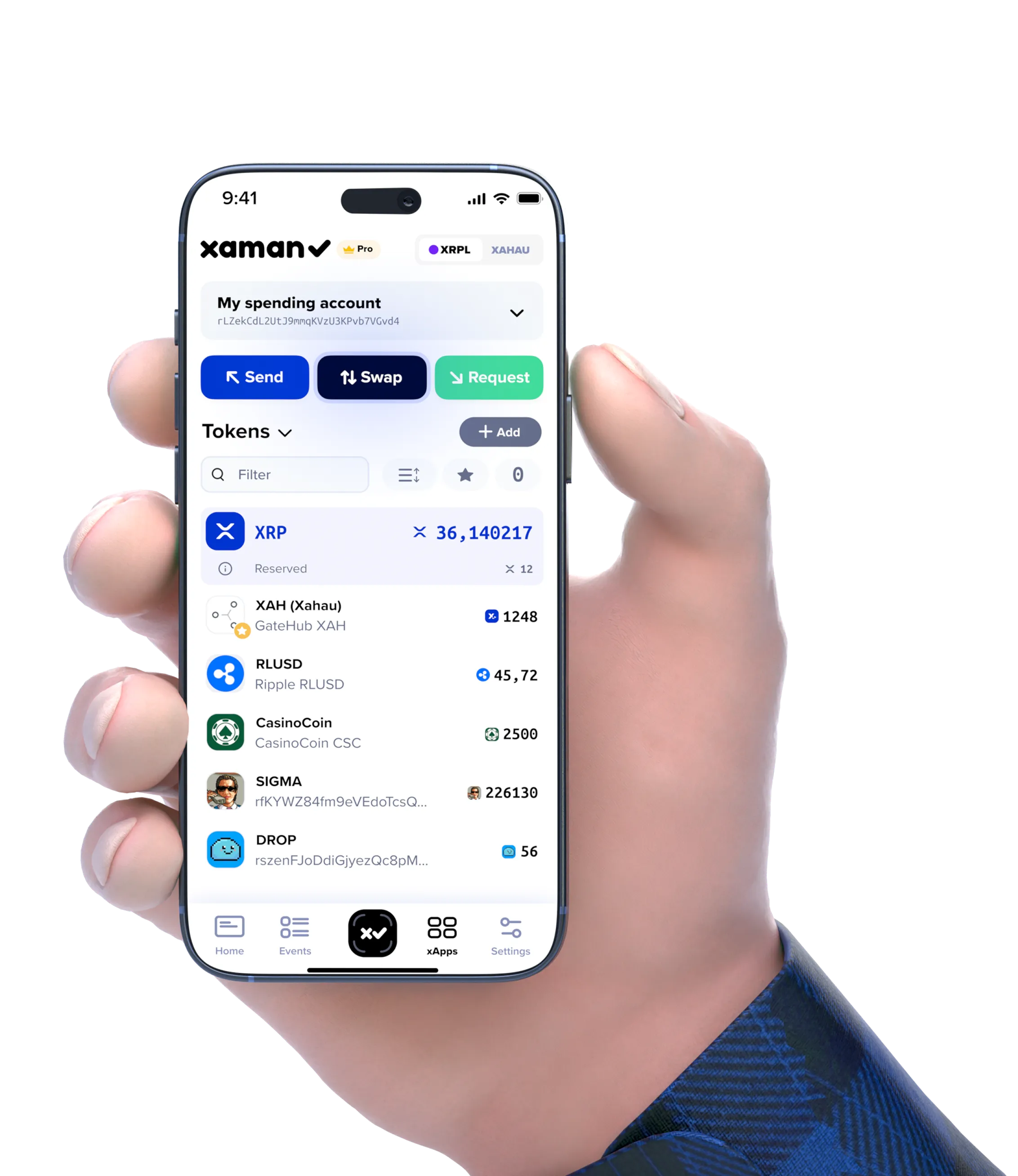 Hand holding a phone with the Xaman wallet